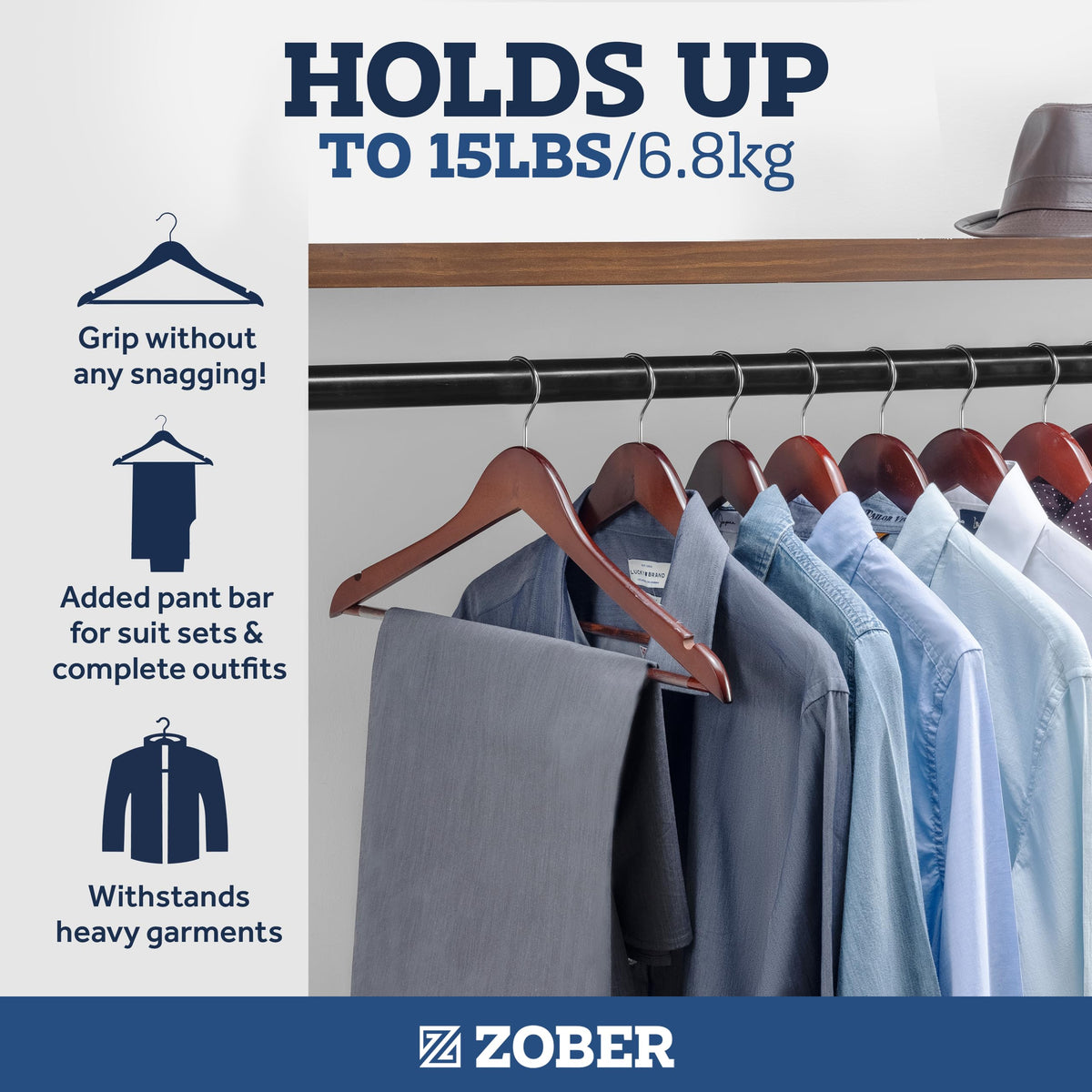 ZOBER hanger with 360-degree chrome hook for easy access.