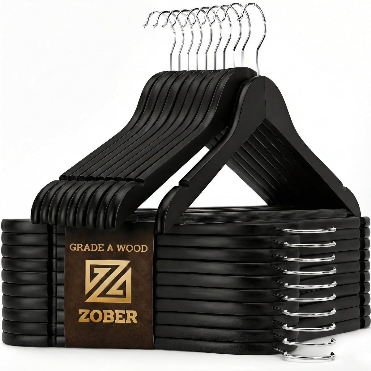ZOBER black wooden hanger for coats with notches and non-slip grip.
