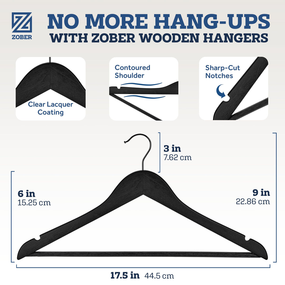 ZOBER wood hanger with grooved pant bar to keep pants aligned.