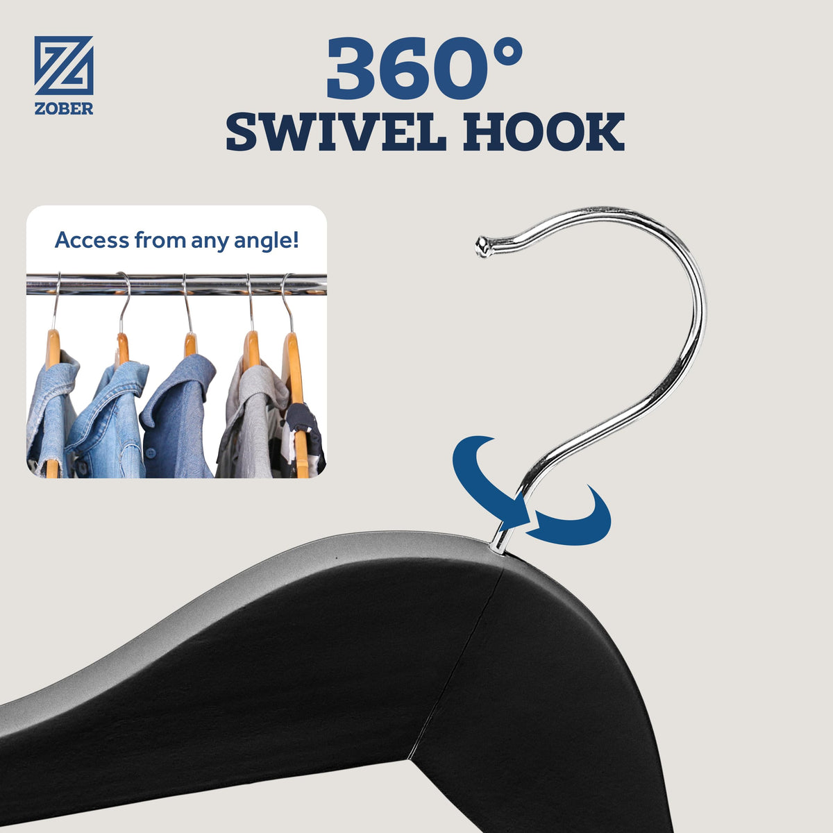 ZOBER clear varnished wood finish adds a polished closet look.