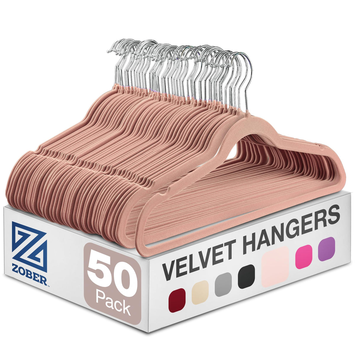 ZOBER blush velvet hangers for 50-pack storage keep garments organized and wrinkle-free.