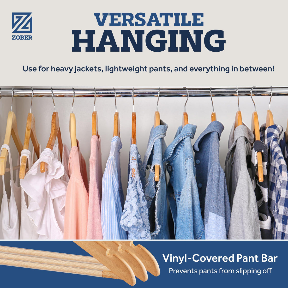 zober closet rod setup shows multiple hangers for organized wardrobes.