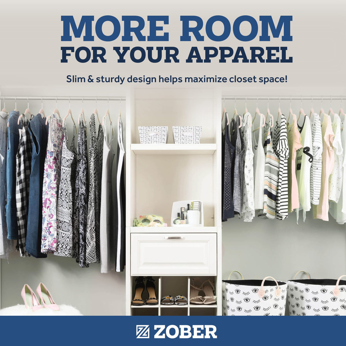 ZOBER dress and pants hangers optimize outfit storage and space.