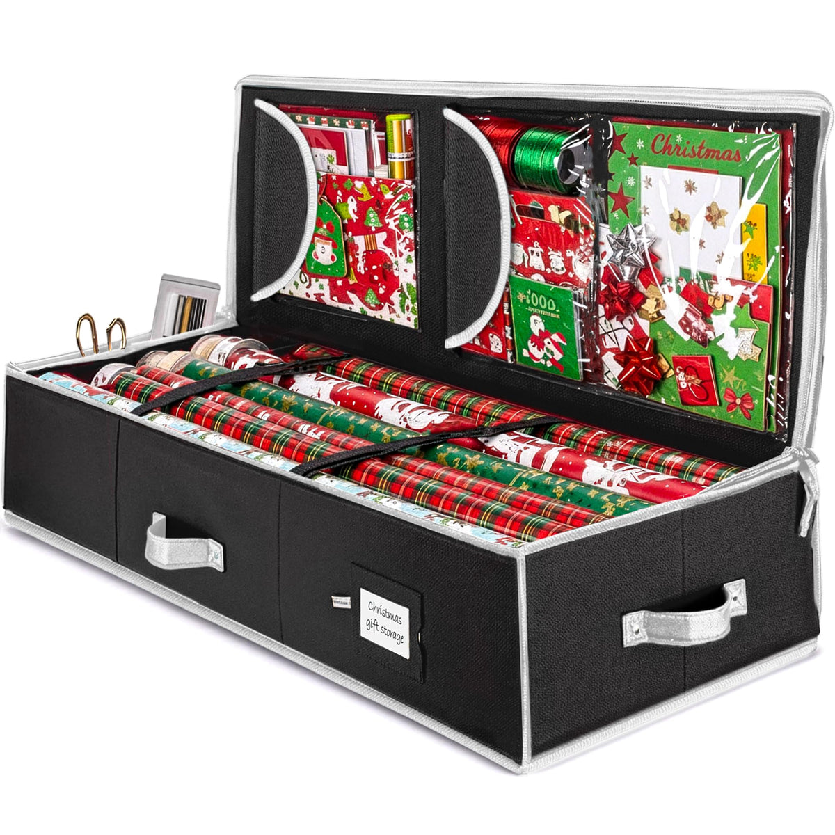 ZOBER gift wrap organizer front view: slim 40-inch design fits 24 rolls