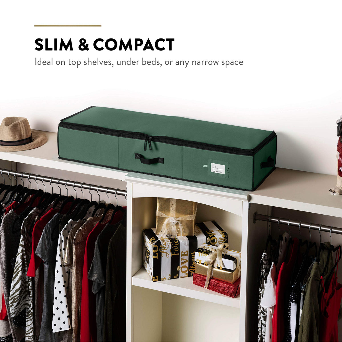 ZOBER Gift Wrap Organizer flat-packable design enables under-bed storage after holidays.
