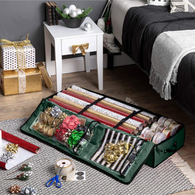 ZOBER Gift Wrap Organizer side-view highlights slim profile for attic or closet storage.