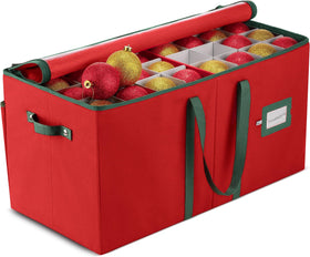 ZOBER large ornament storage box showing 128-ornament capacity for tidy storage.