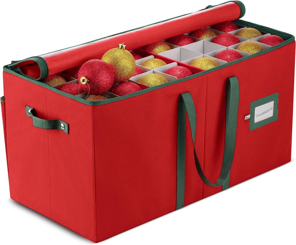 ZOBER large ornament storage box showing 128-ornament capacity for tidy storage.