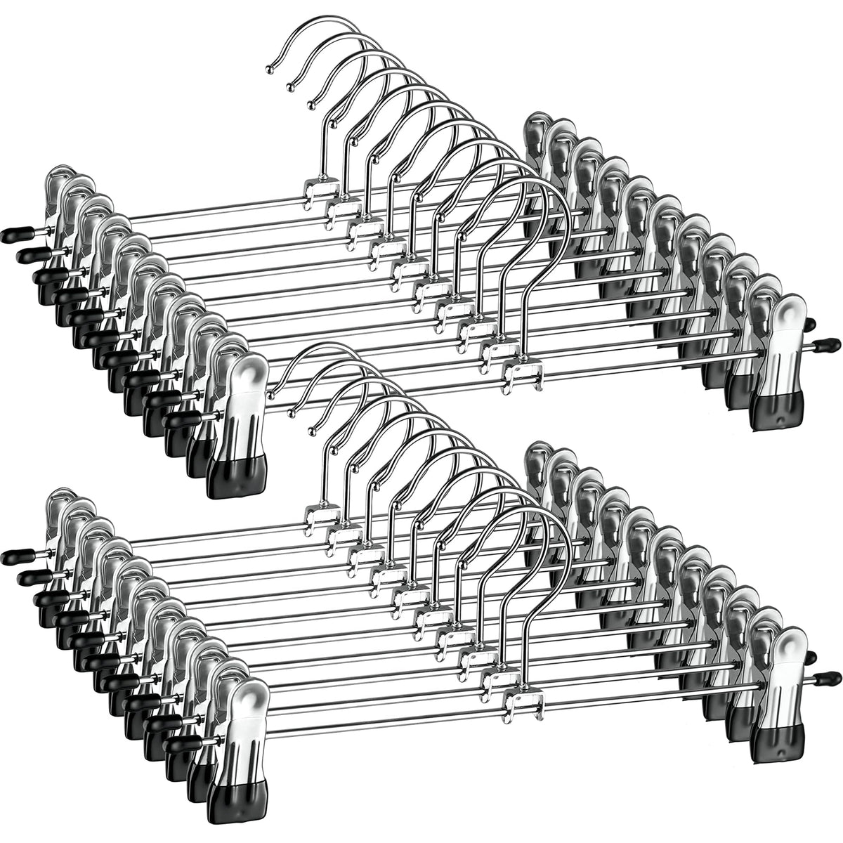 ZOBER metal pant hanger with clips in chrome finish securely holds skirts and jeans.