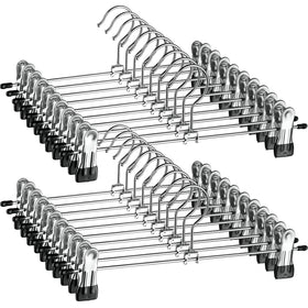 ZOBER metal pant hanger with clips in chrome finish securely holds skirts and jeans.
