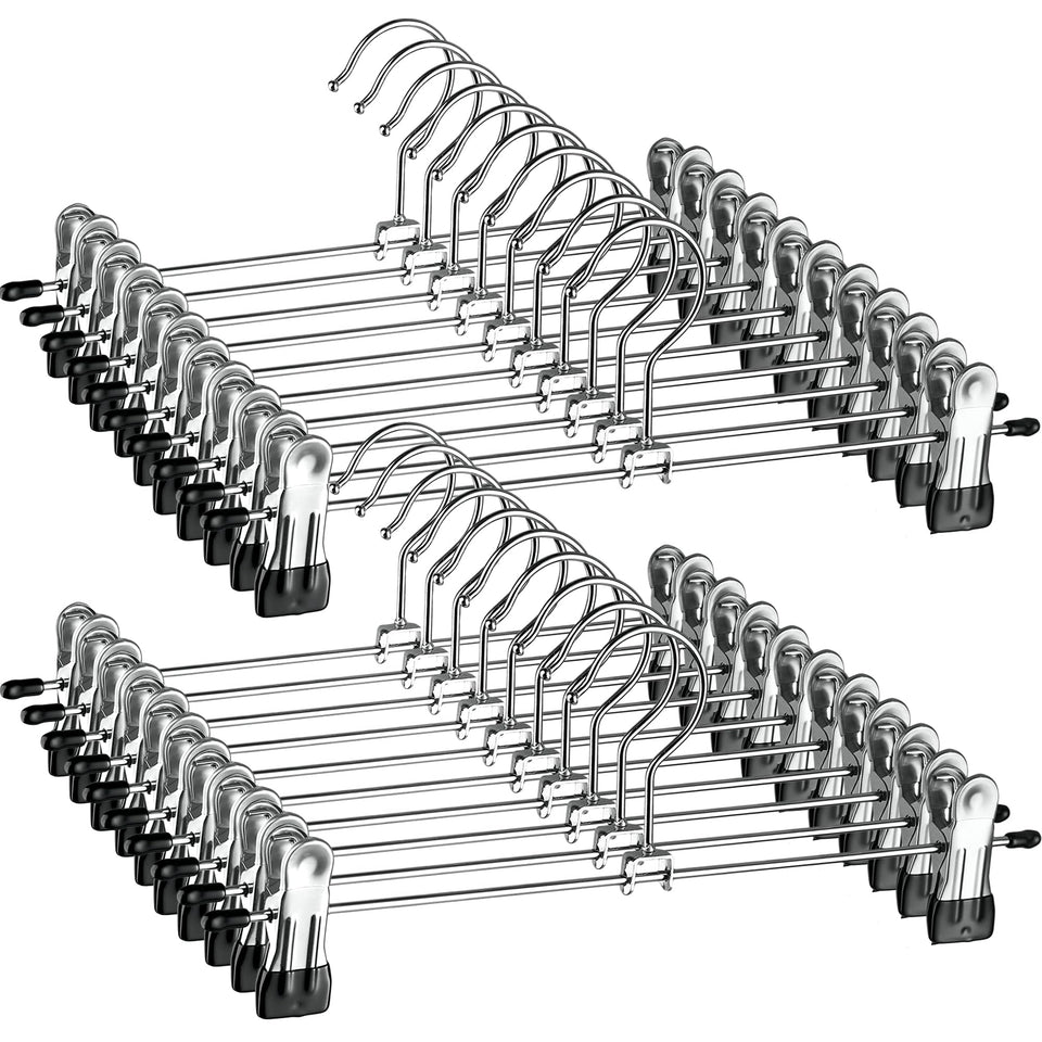 ZOBER metal pant hanger with clips in chrome finish securely holds skirts and jeans.