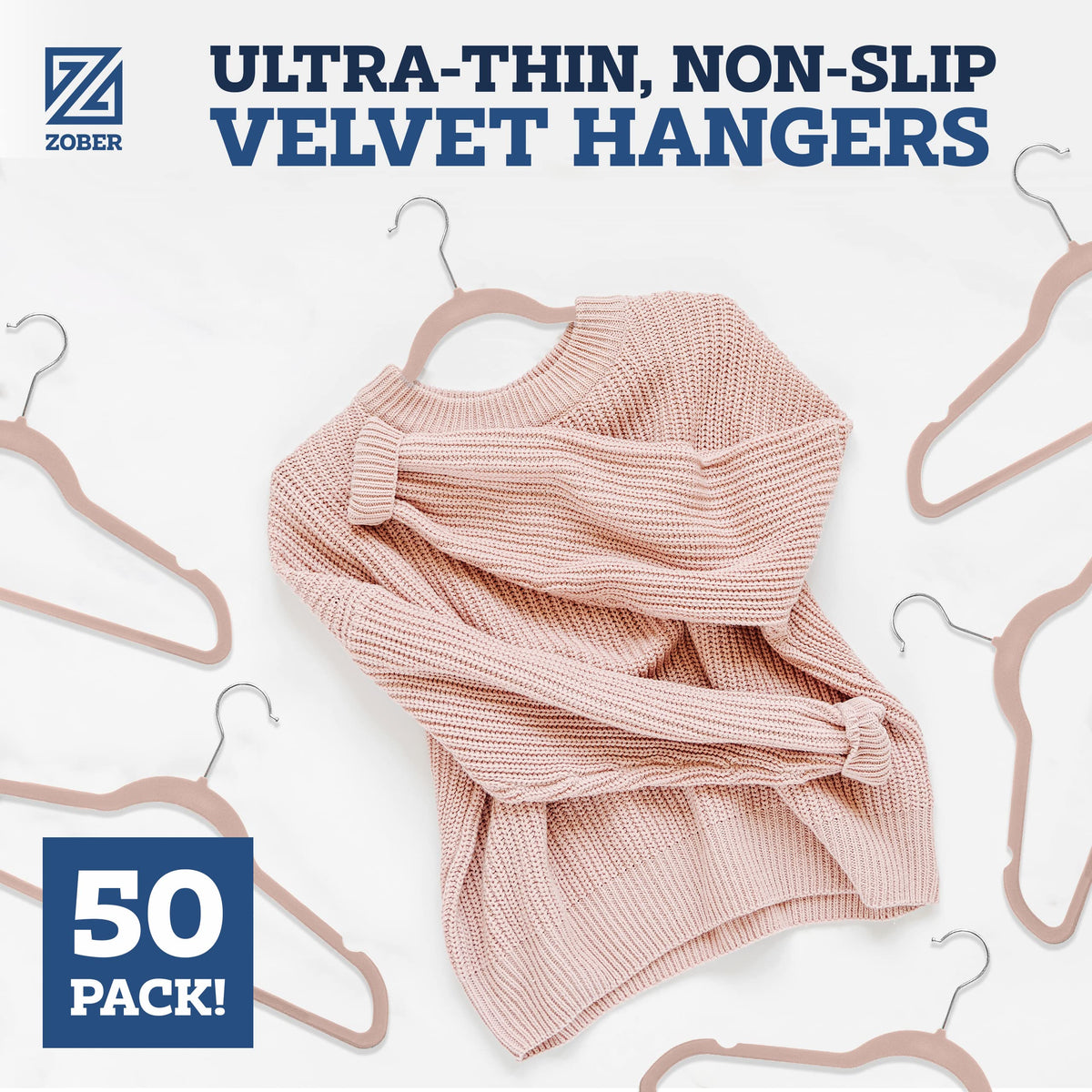 ZOBER non-slip velvet coat hangers prevent slipping and preserve garment shapes.