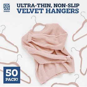 ZOBER non-slip velvet coat hangers prevent slipping and preserve garment shapes.