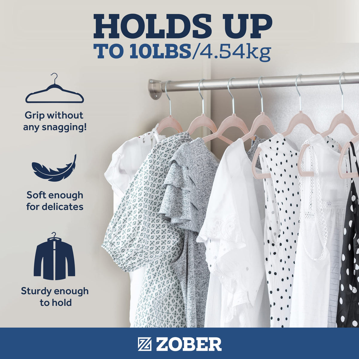 ZOBER notched-shoulder hangers support straps without leaving creases.