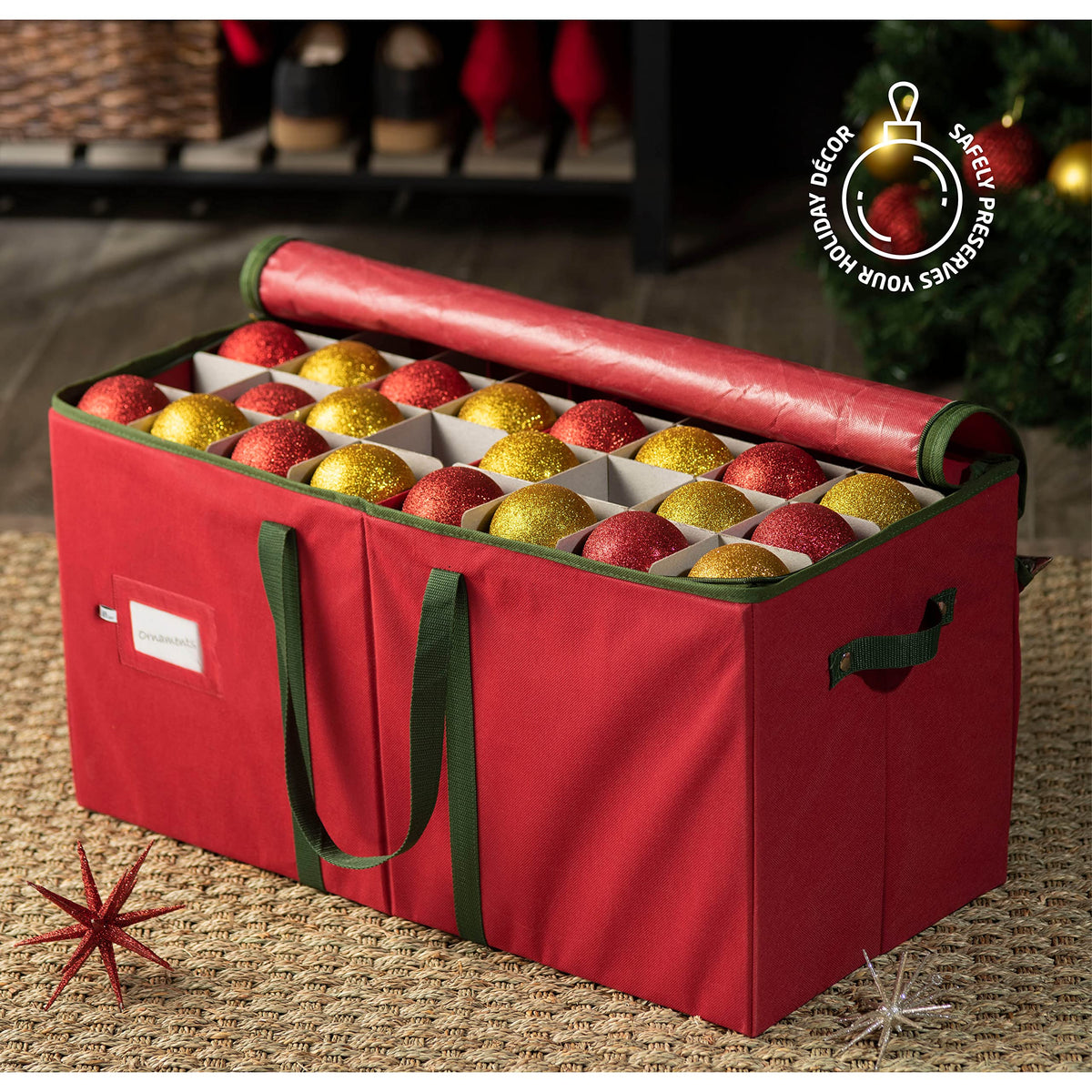 ZOBER ornament storage box interior with adjustable dividers for customized fits.