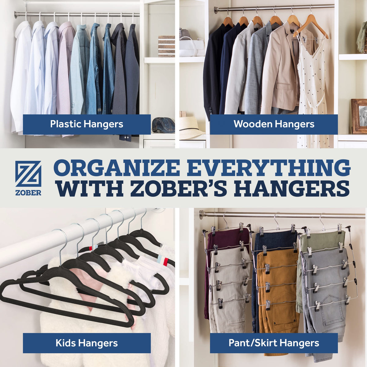 Zober closet-organization shot with multiple hangers showing tidy space.