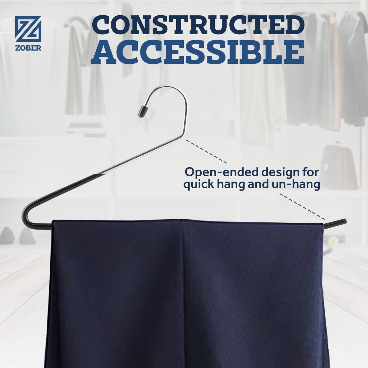 Zober denim hanger close-up reveals sturdy grip and rails.