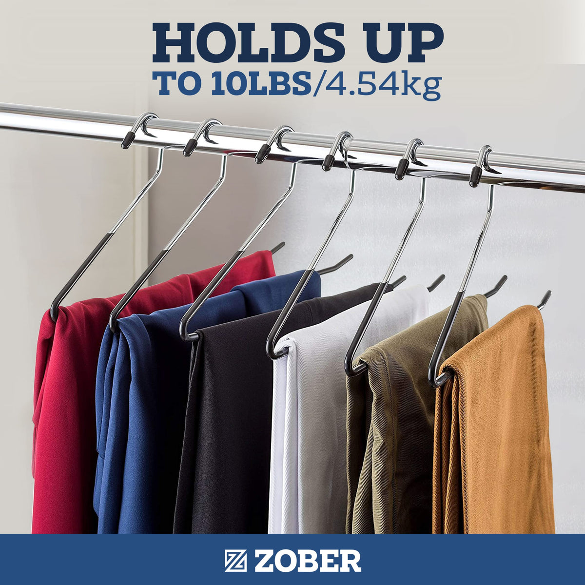 Zober durable metal construction on a pants hanger emphasizes strength.