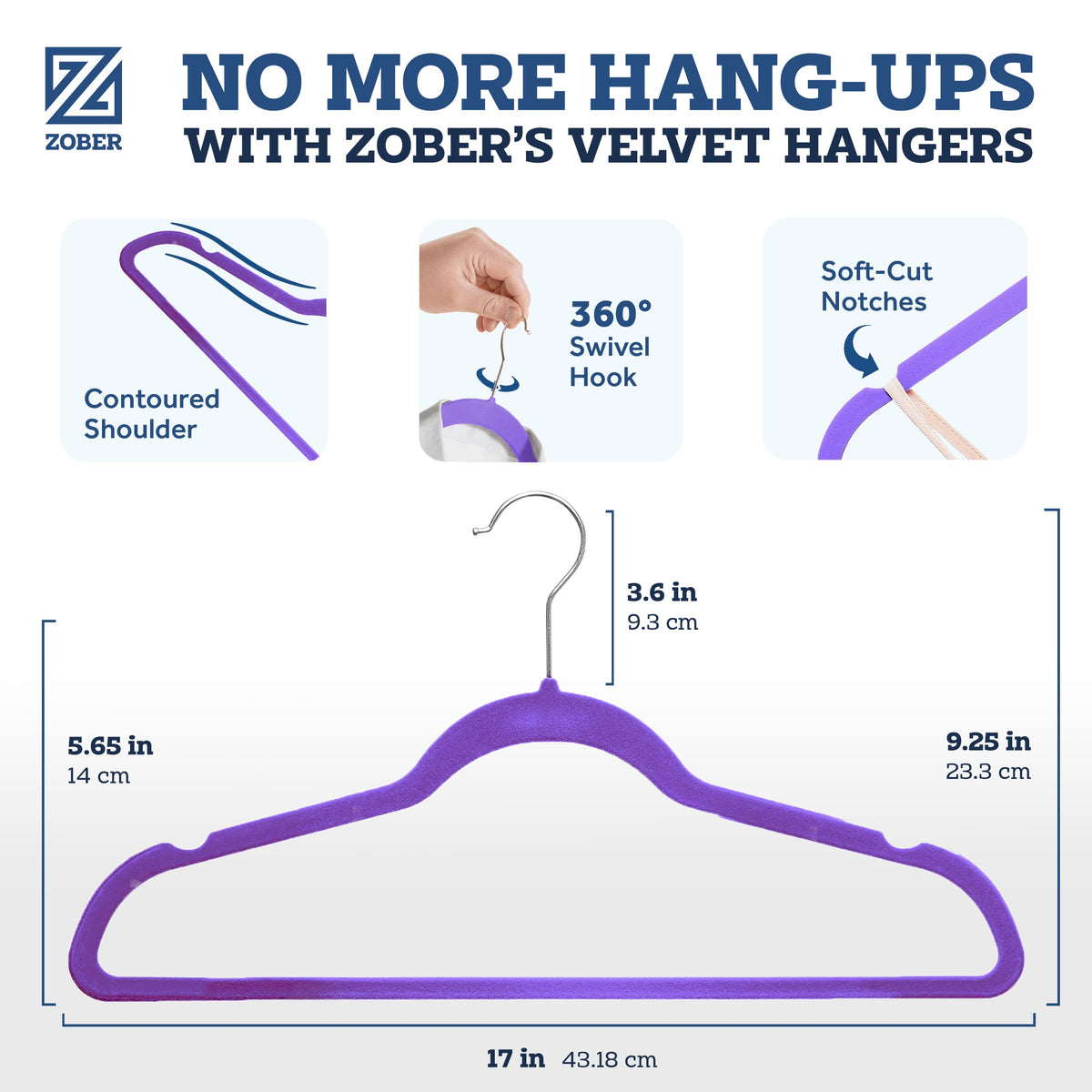 ZOBER purple velvet hangers curved shoulders preserve garment shape