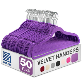 ZOBER purple velvet hangers with swivel hooks secure coats and dresses