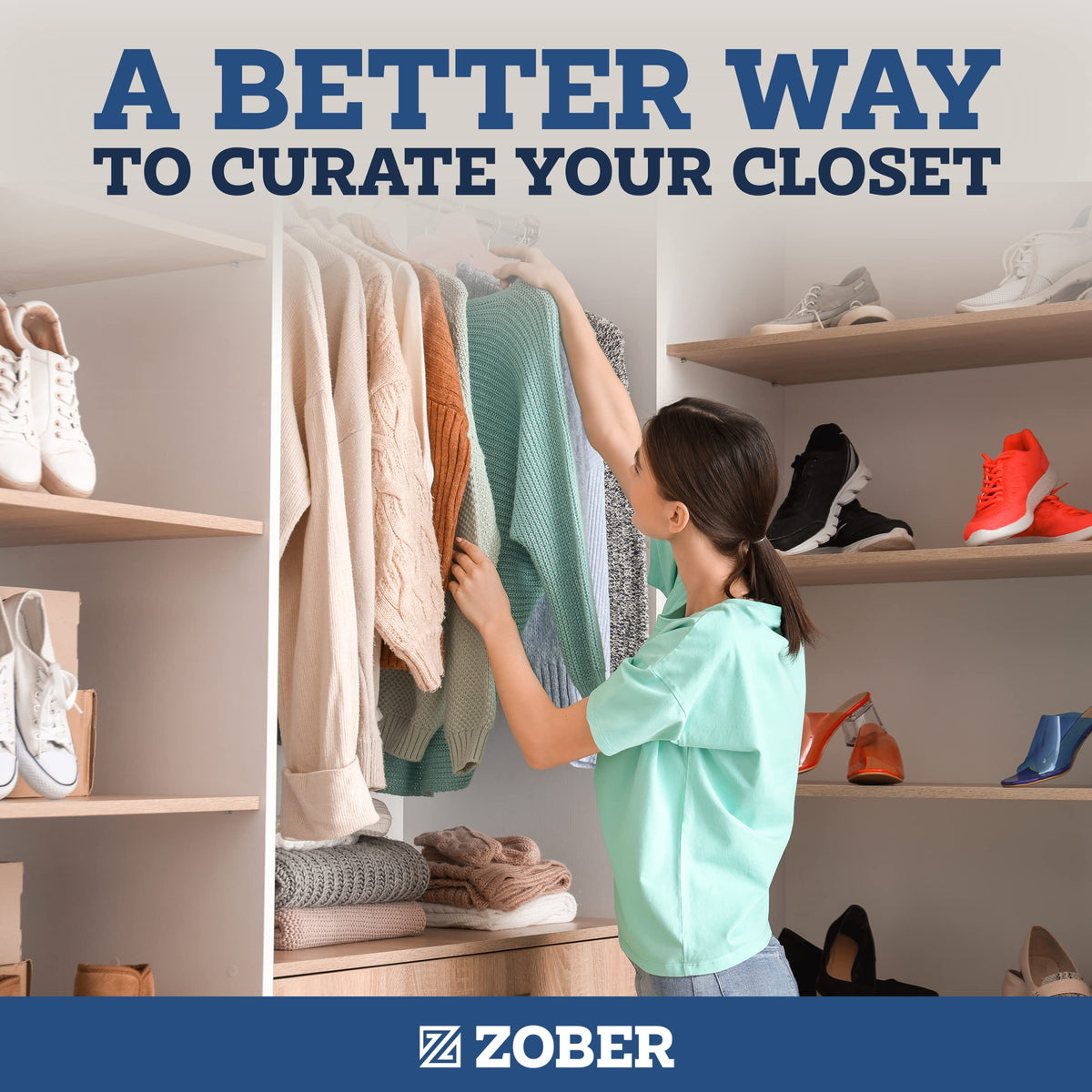 ZOBER ultra-slim velvet hangers maximize closet density.