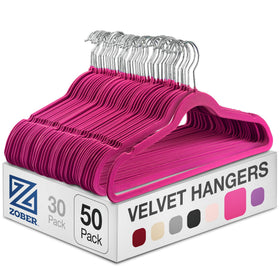 Zober velvet hangers 50-pack with pink non-slip finish keeps coats organized.