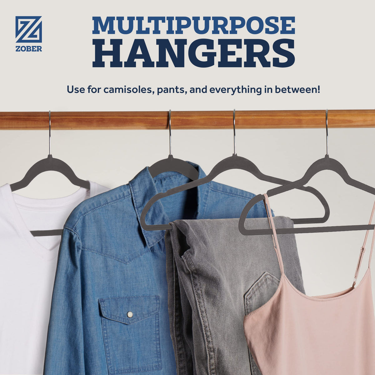 Zober Velvet Hangers include horizontal bar for pants and skirts