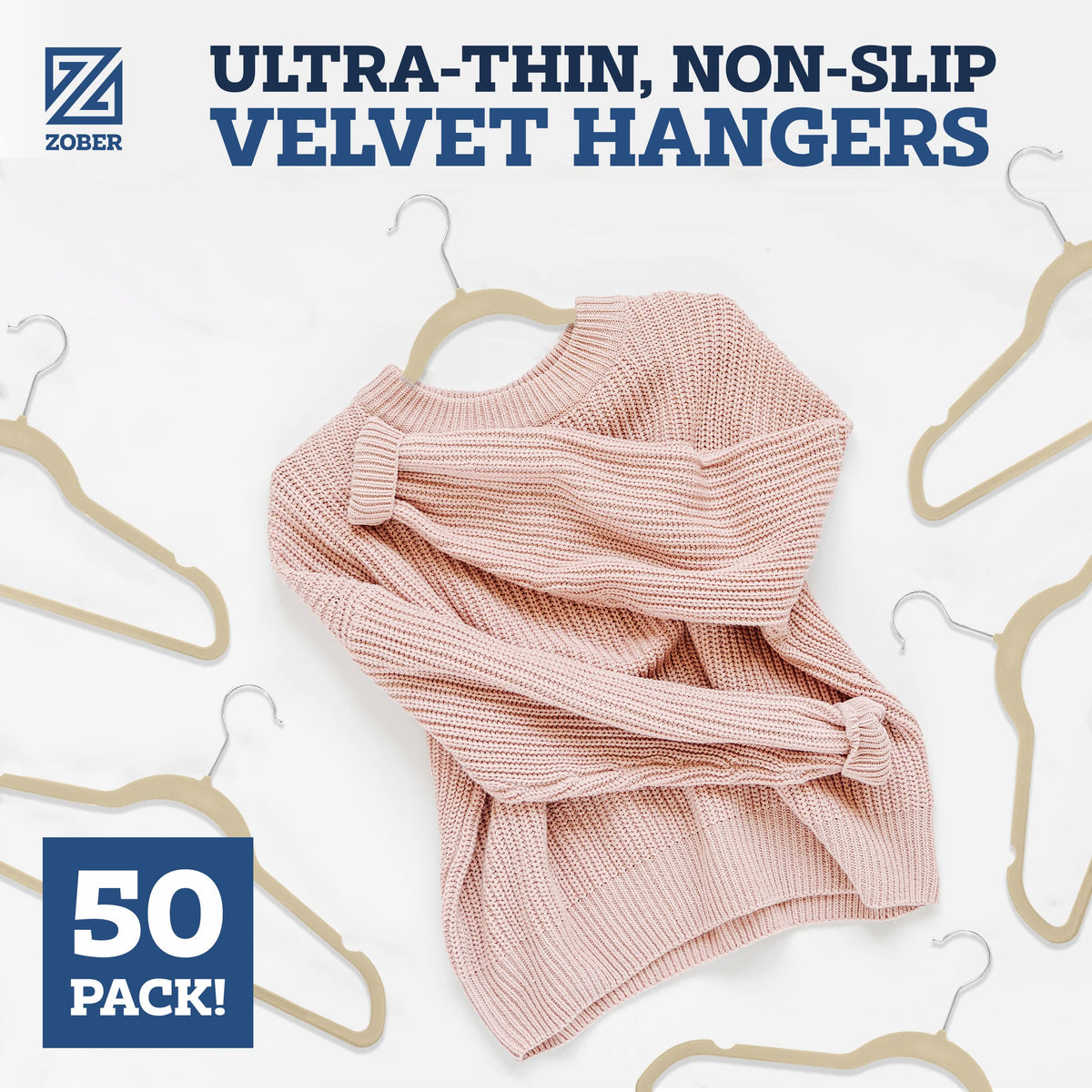 Zober Velvet Hangers Ivory in-pack display suggests organized closet setup