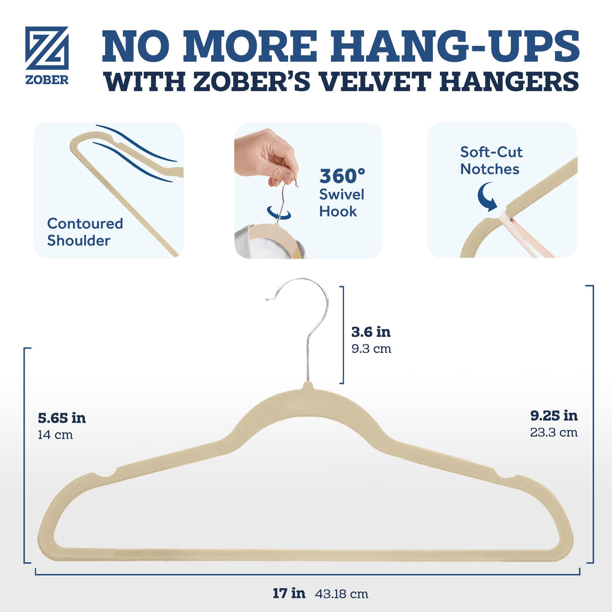 Zober Velvet Hangers Ivory pants hanger with slim profile saves closet space