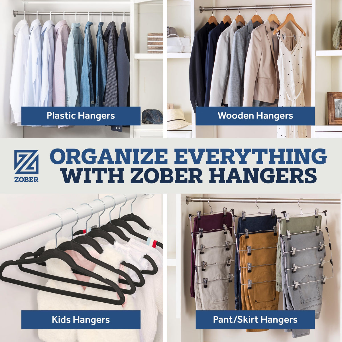 ZOBER closet-ready wooden hangers streamline wardrobe organization.
