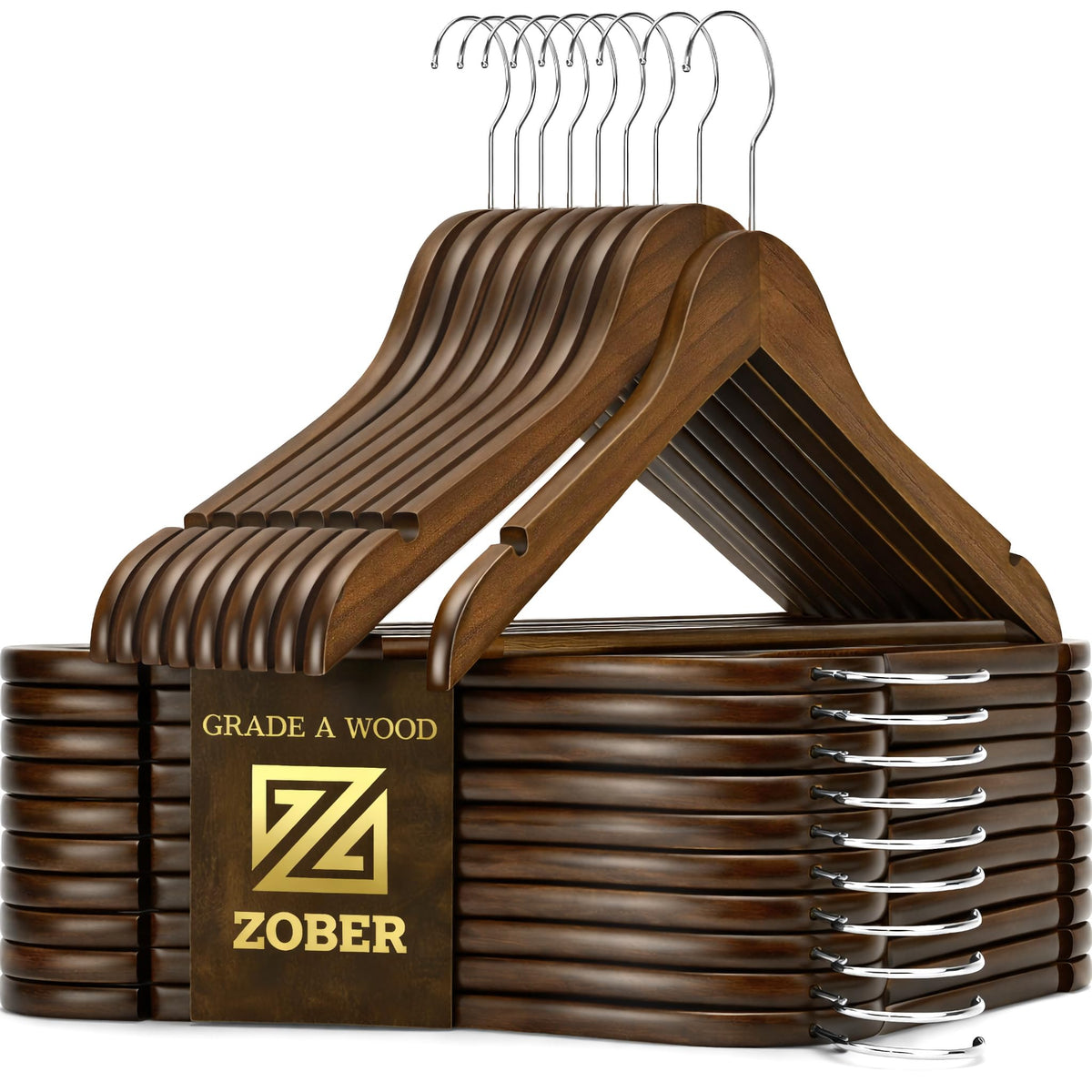 ZOBER wooden hanger for heavy coats with non-slip grip to prevent slipping.