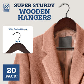 ZOBER wooden hanger showing notches for delicate straps securement.