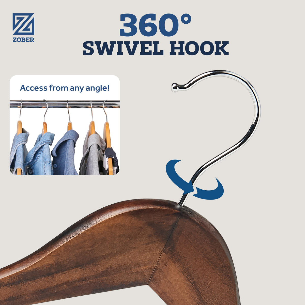 ZOBER wooden hanger close-up of notches for strap support.