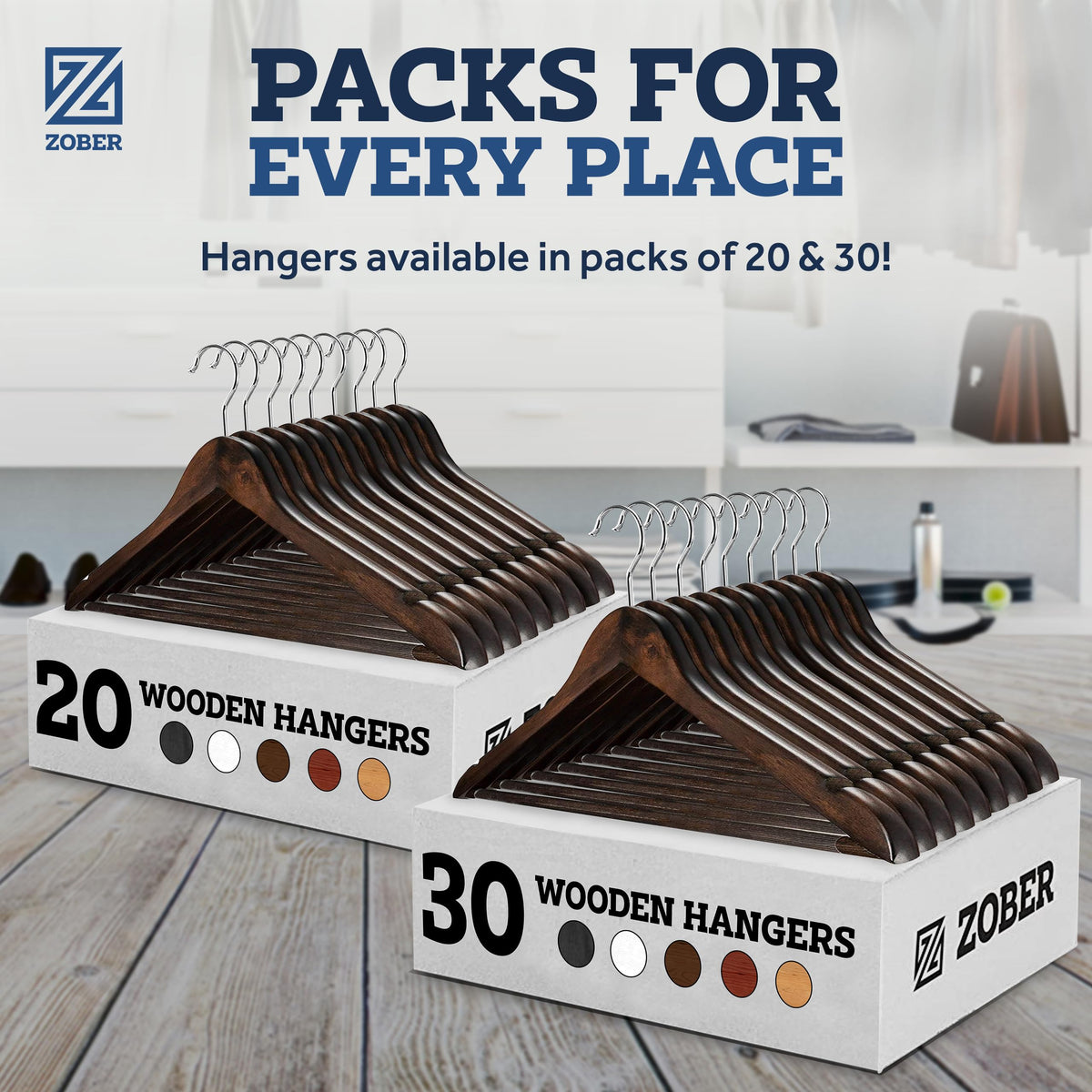 ZOBER wood grain detail on hanger complements wardrobe aesthetics.