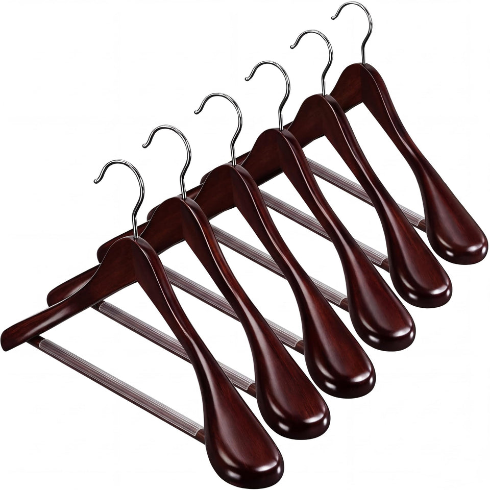 ZOBER wooden suit hanger with wide shoulders helps preserve garment shape.