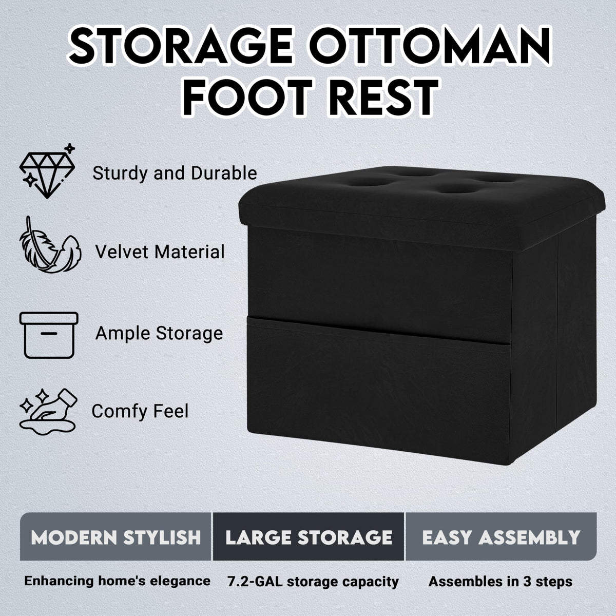 ZOES HOMEWARE velvet ottoman with side pocket for convenient remotes and magazines