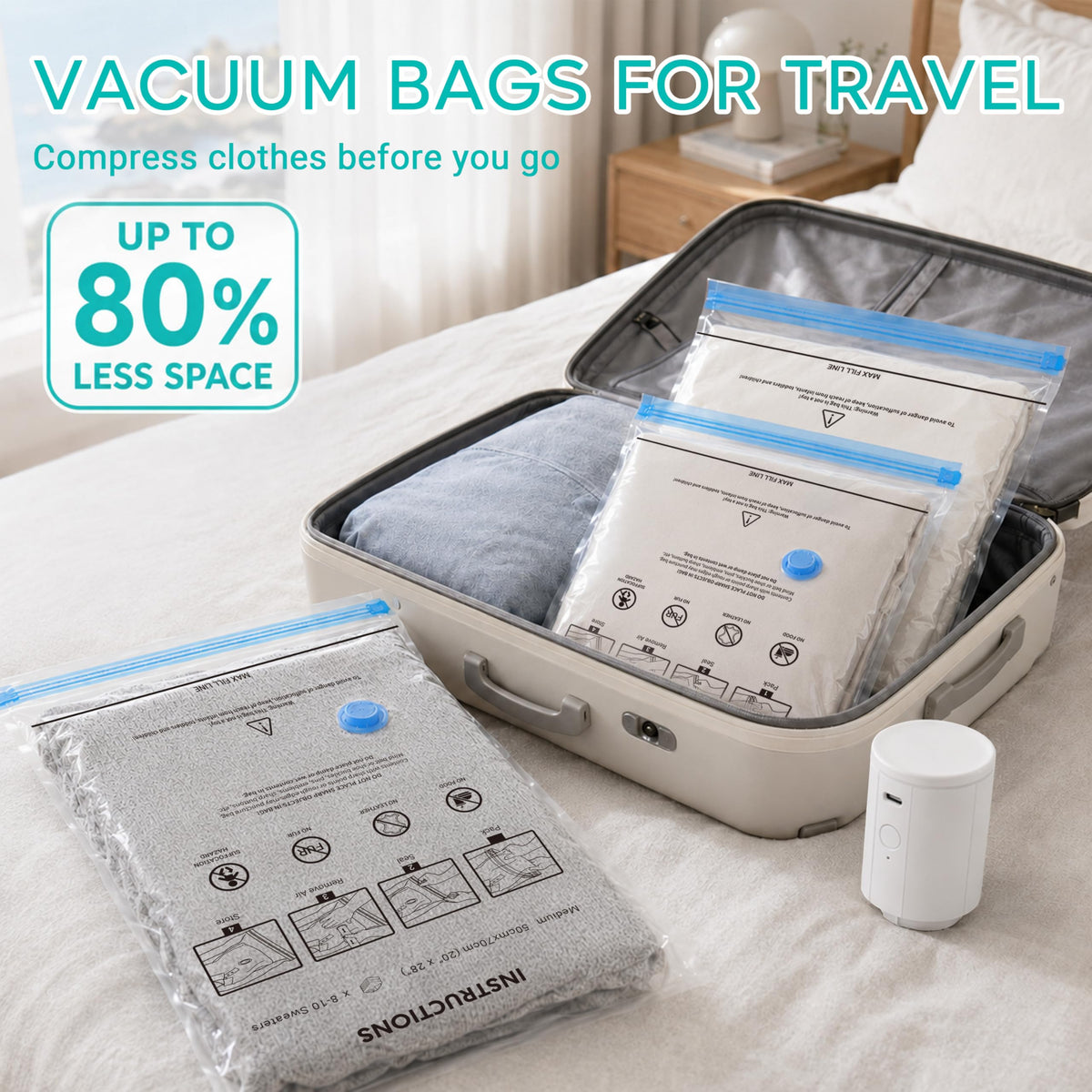 ZOESTORAGE bags organized in a suitcase maximize space savings.