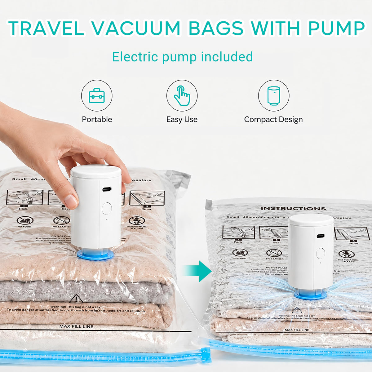 ZOESTORAGE rechargeable pump powers up to 80 bags per charge.