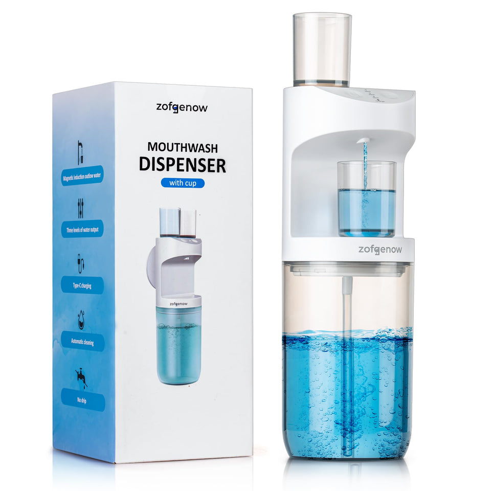 ZOFGENOW automatic mouthwash dispenser on wall mount for touch-free access.