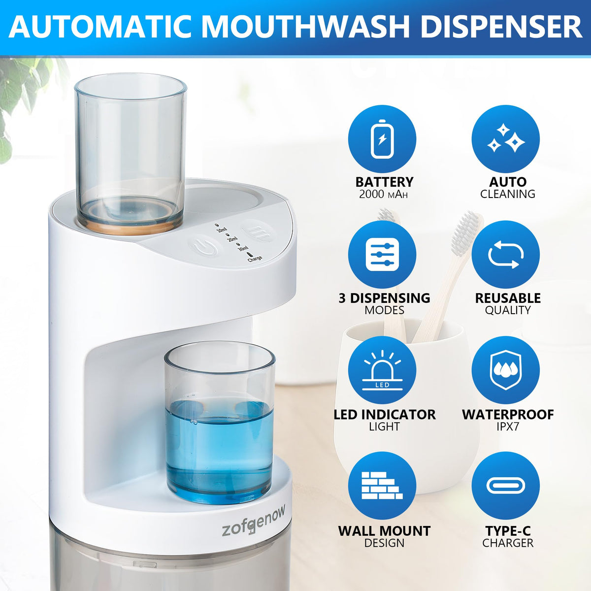 ZOFGENOW dispenser showing three levels: 10 ml, 20 ml, 30 ml for precise dosing.