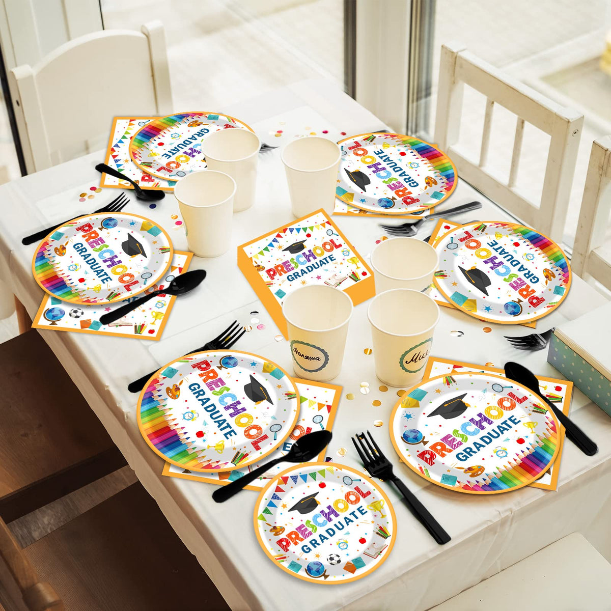 ZOIIWA preschool-grad-party-setup-hero: Shows a cohesive white tableware bundle for graduation setup.