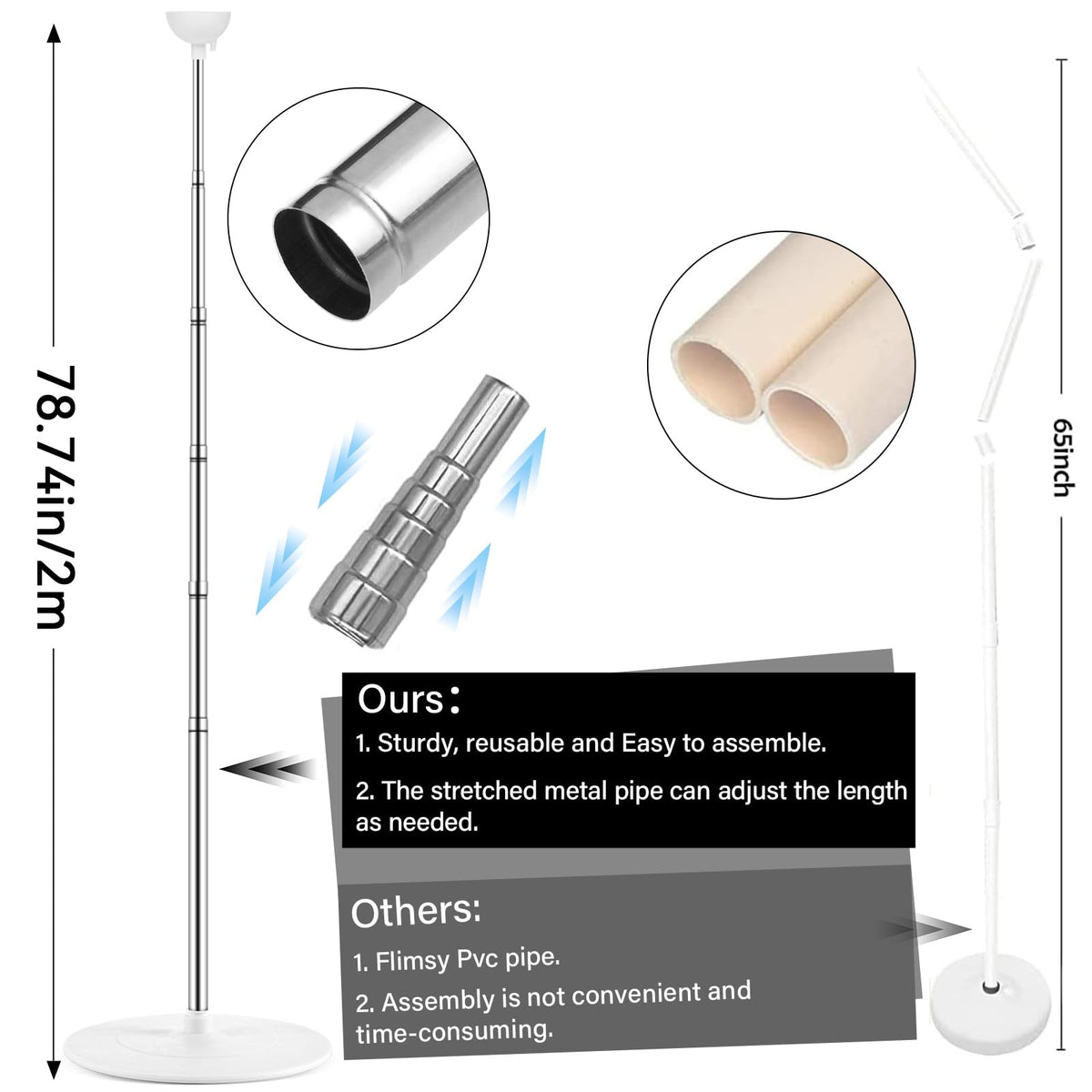 ZOIIWA stainless-steel telescoping pole provides durable, reusable support for indoor and outdoor use
