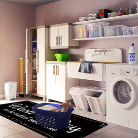 Zoke farmhouse runner in black adds rustic charm to laundry.