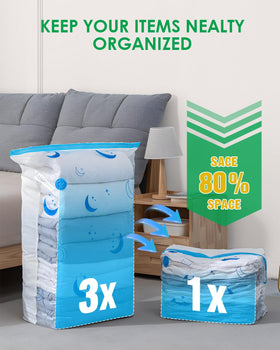 ZONAMA closet storage setup shows organized clothing with vacuum bags.