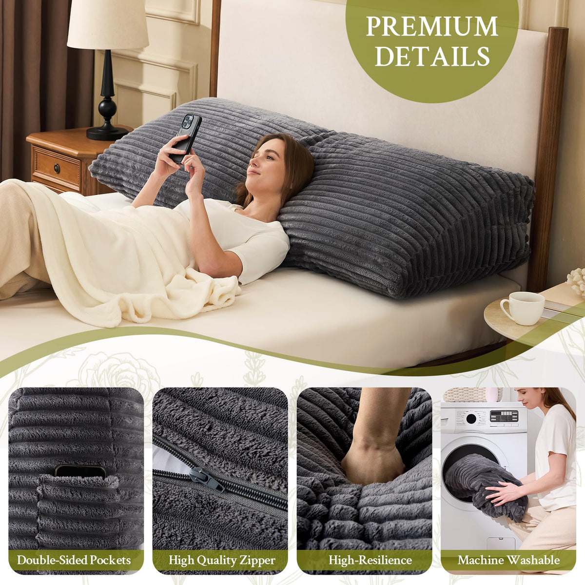 Close-up of Zonamat headboard pillow flannel fabric for cozy comfort