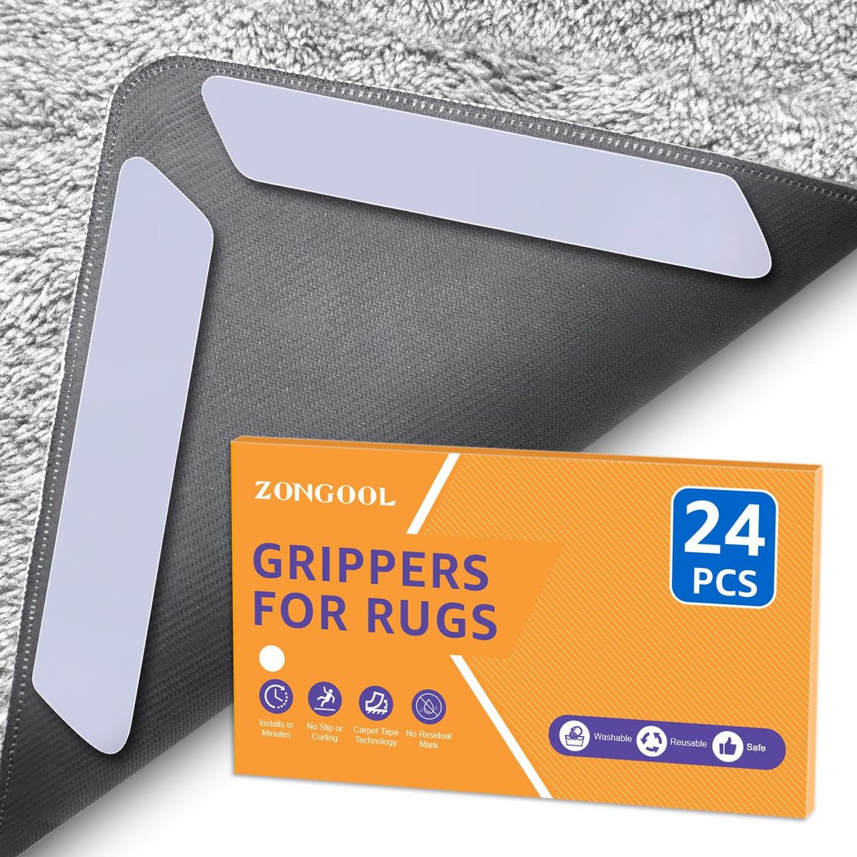 ZONGOOL rug tape 24pcs-pack secures rugs on hardwood floors and prevents curling.