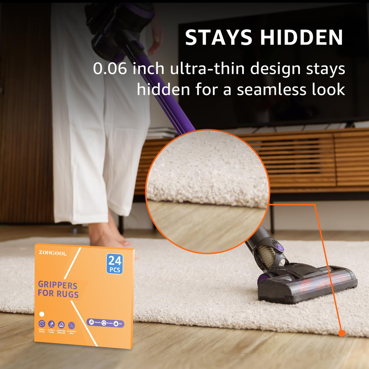 ZONGOOL rug tape works across hardwood, tile, laminate, and concrete surfaces.