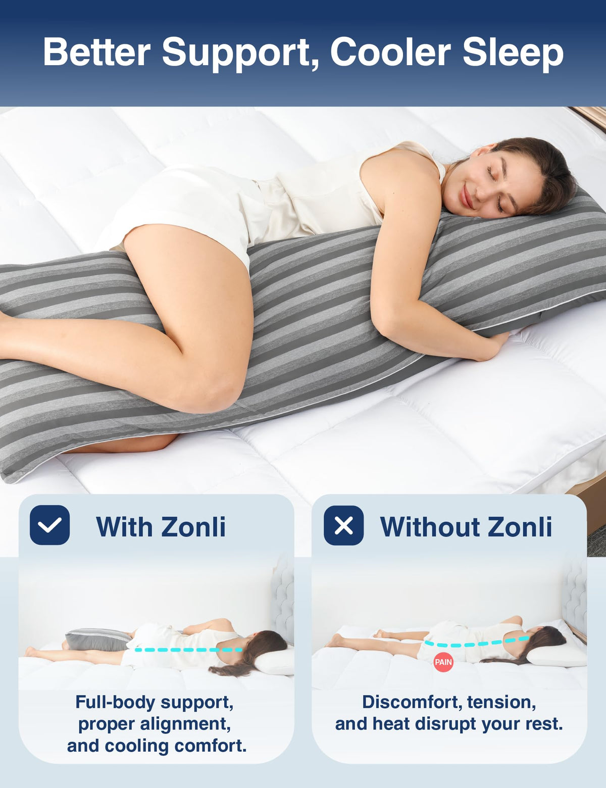 ZonLi 20x54 inch pillow on bed demonstrating lounging support