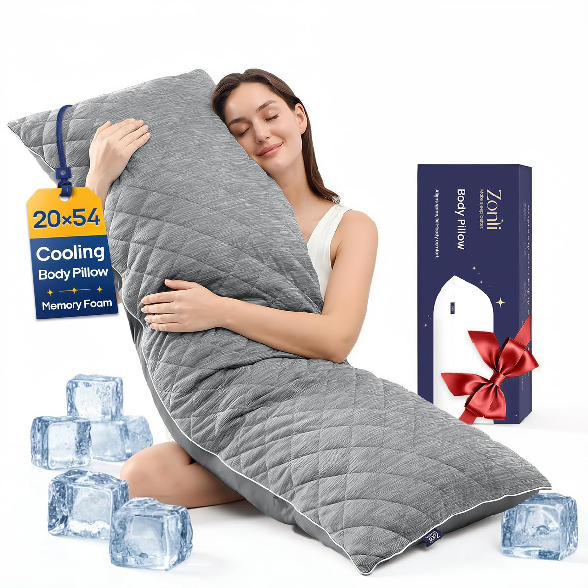 ZonLi cooling body pillow full view shows full body support for side sleepers.