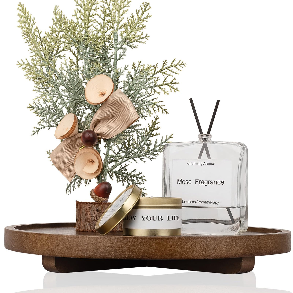 Zoocatia round decorative tray displays soap dish neatly on a walnut wood surface.